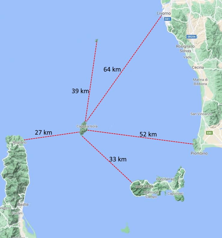 Distanze fra l'isola di Capraia e i territori circostanti